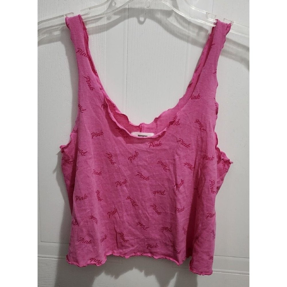 Victoria Secret PINK Tank Crop Top‎ Pink Logo Print Ruffle Trim Barbie Size XS